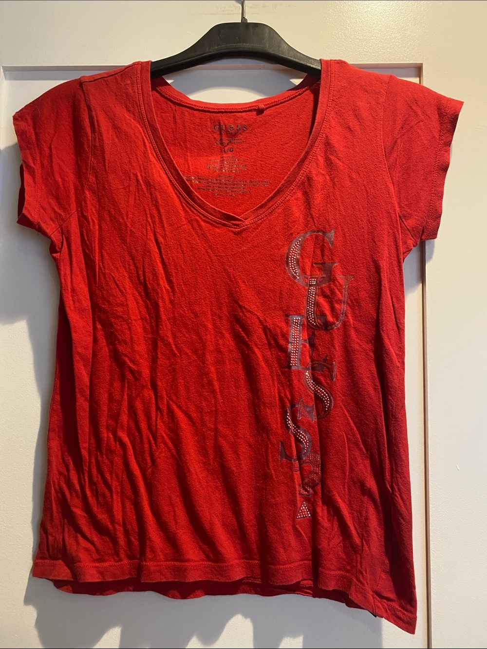 Guess Red V-Neck Short Sleeve Tee with Rhinestone Logo